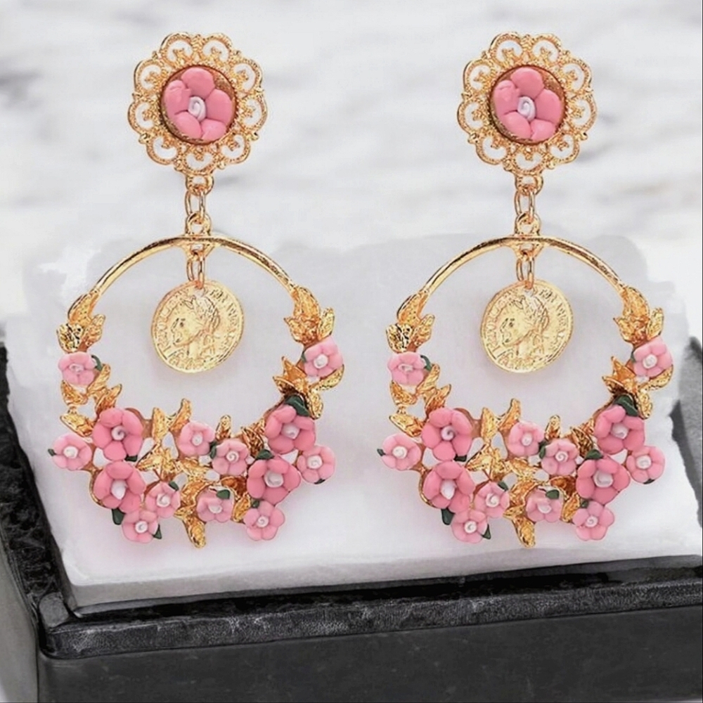 Romantic Pink Flower Coin Dangle Hoop Earrings